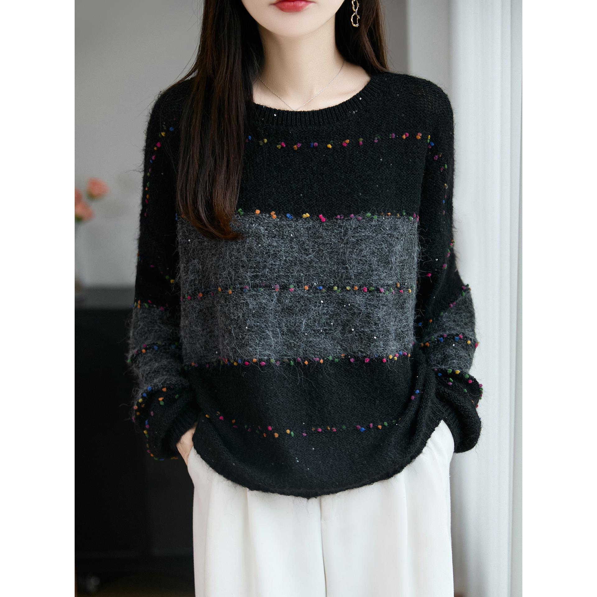 ROUMIKL法式撞色条纹加厚毛衣女圆领宽松亮片针织衫气质高级洋气