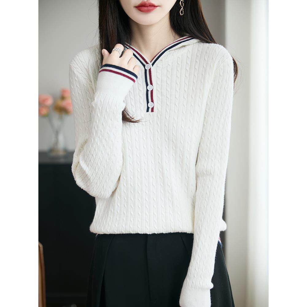 ROUMIKL法式设计感覆古麻花连帽针织衫女时尚百搭撞色内搭上衣保