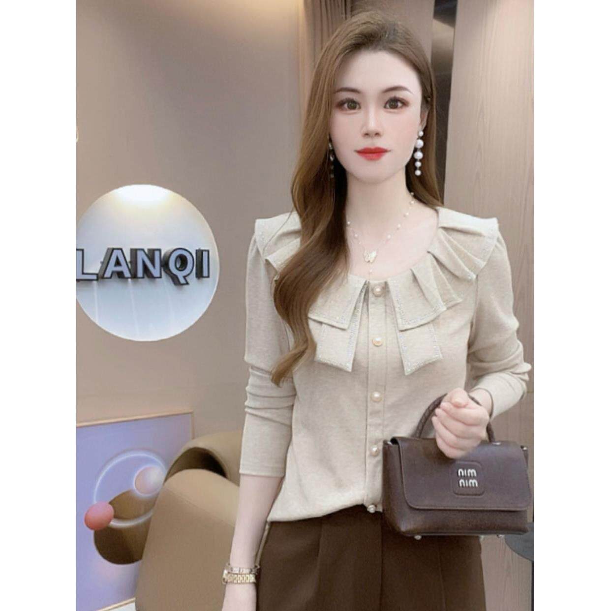 ROUMIKL时尚设计感长袖T恤女士秋季新款洋气荷叶边上衣小个子修身