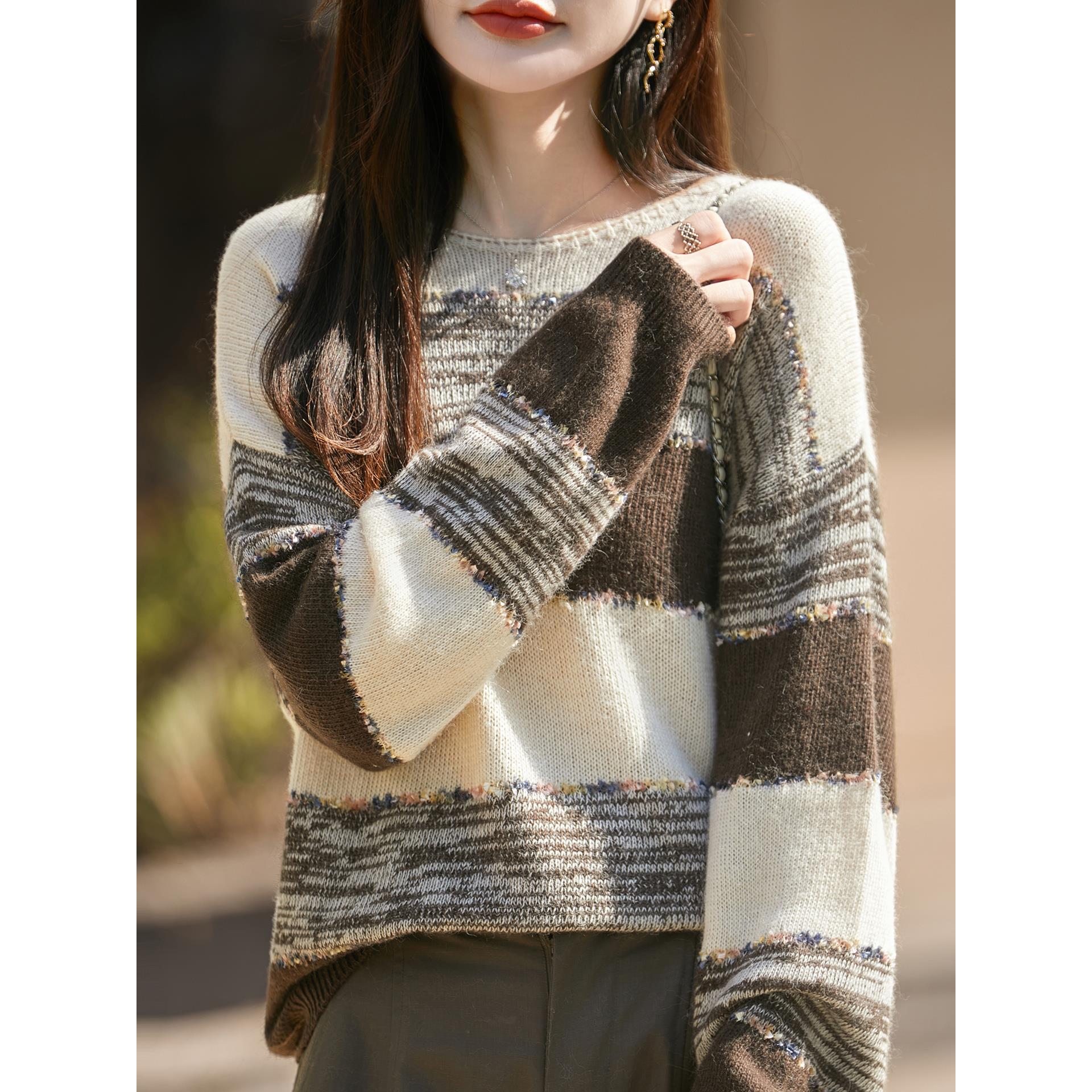 ROUMIKL2025新款圆领撞色条纹毛衣女宽松显瘦保暖针织打底衫洋气