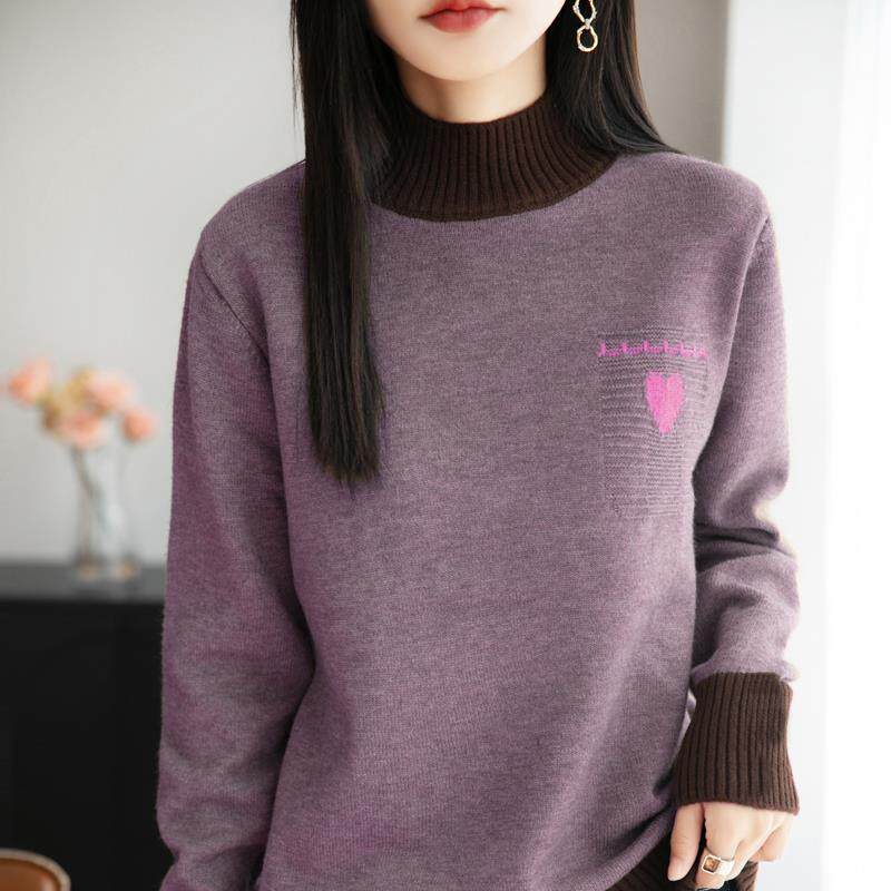ROUMIKL纯线撞色半高领毛衣女爱心加厚内搭打底针织衫保暖全上衣