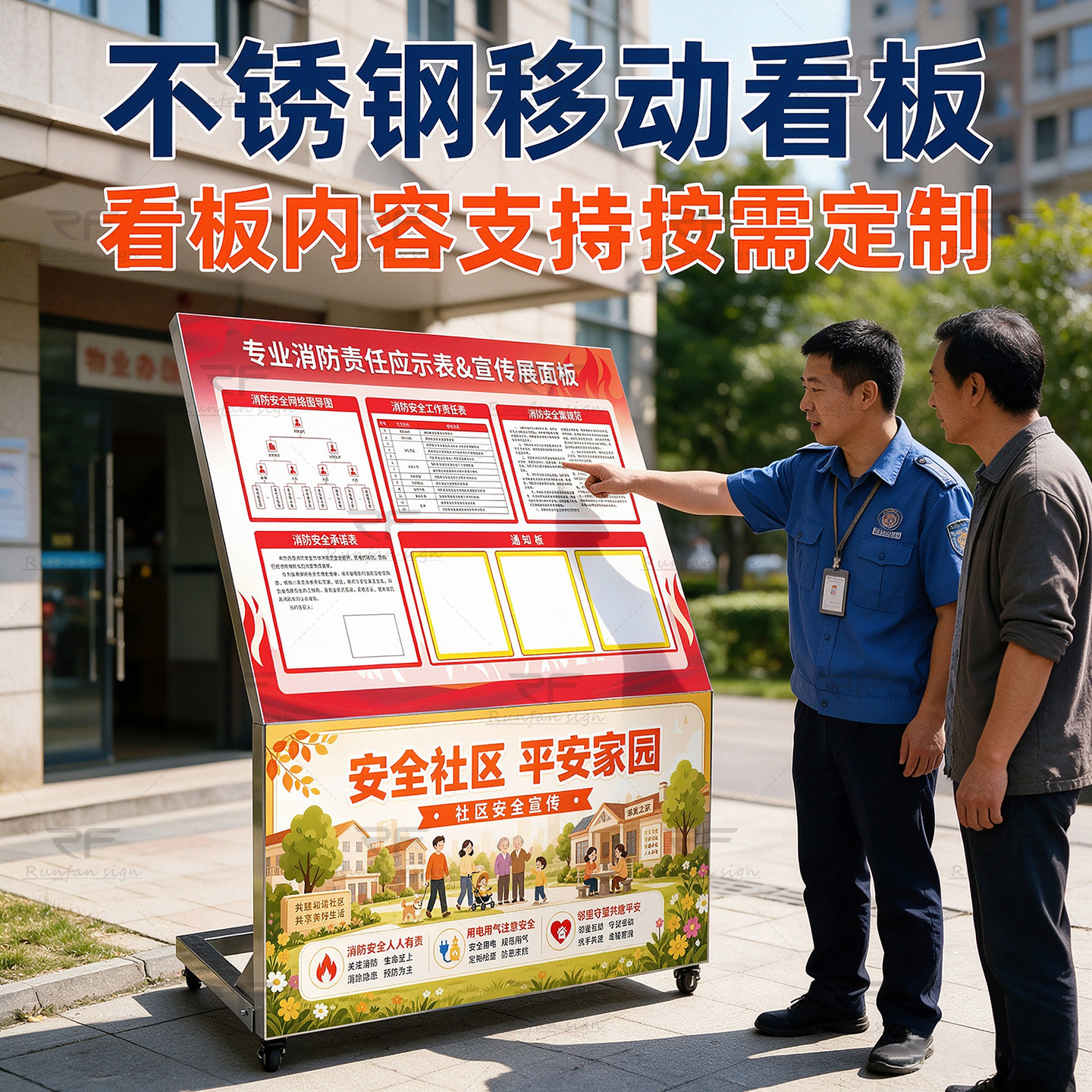 消防安全宣传海报展示架板消防通知看板小区物业消防安全宣传展板落地式不锈钢滚轮支架宣传海报定制