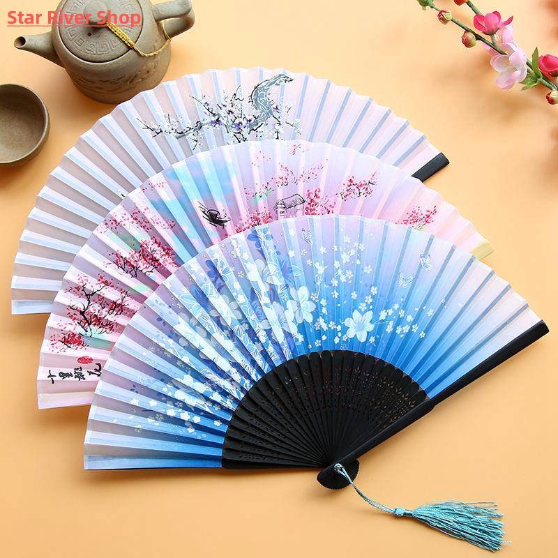 Vintage Silk Folding Fan Retro Chinese Japanese Bamboo Hand