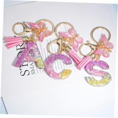 Cute Resin A-Z Initials Letter Keychn Pink Sparkle Butterf