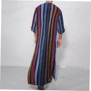 Button Stripes Print Shirt Men Muslim Robes 男士条纹长袍衬衫