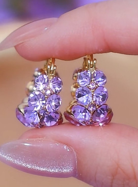 超仙紫色满钻锆石圈圈耳环耳扣女2024新款个性时尚百搭高级感耳饰