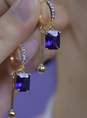 超闪气质紫色水晶方形耳环女轻奢高级感小众设计满钻耳扣时尚耳饰