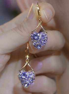 小众设计感紫色满钻爱心耳环女2024新款轻奢气质百搭耳扣精致耳饰