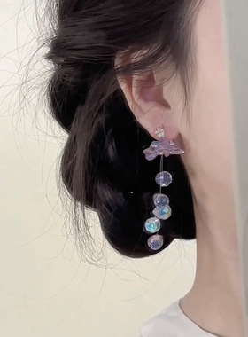 s925银针耳饰小众设计感紫色多巴胺花朵水晶流苏耳环轻奢气质耳钉