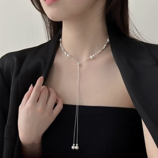 碎银珍珠长款流苏可调节项链女2024新款轻奢气质小众高级感锁骨链