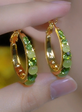 轻奢网红爆款绿色锆石耳圈925银针耳扣时尚简约大气显脸瘦耳环女