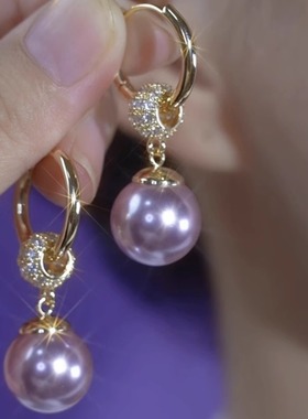 设计感满钻耳圈紫色珍珠耳轻奢高级感精致百搭耳扣小众气质耳饰