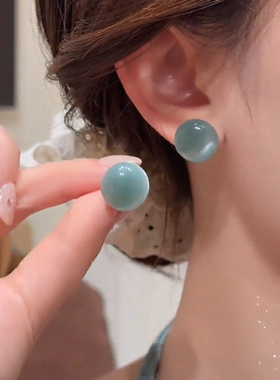 新中式蓝色圆珠珠耳钉女925银针精致百搭耳环气质轻奢高级感耳饰
