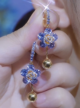 轻奢高级感紫色锆石花朵球球耳扣2024新款小众设计感耳环气质耳饰