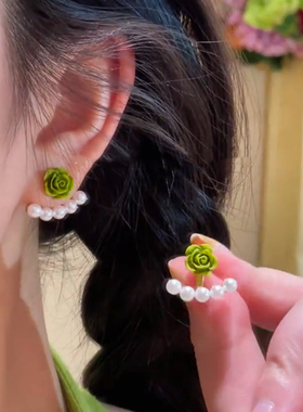森系小清新925银针一款两戴珍珠绿色花朵耳钉女温柔耳饰耳环饰品