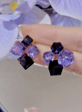超闪气质紫色水晶耳环女2024新款高级感几何方块耳钉925银针耳饰
