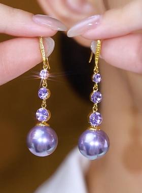 紫色水晶珍珠耳环女2024年新款时尚气质长款秋冬简约港风复古耳饰