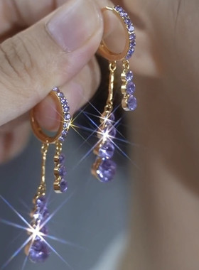 轻奢紫色水晶水滴流苏耳扣2024新款气质小众设计耳环轻奢百搭耳饰