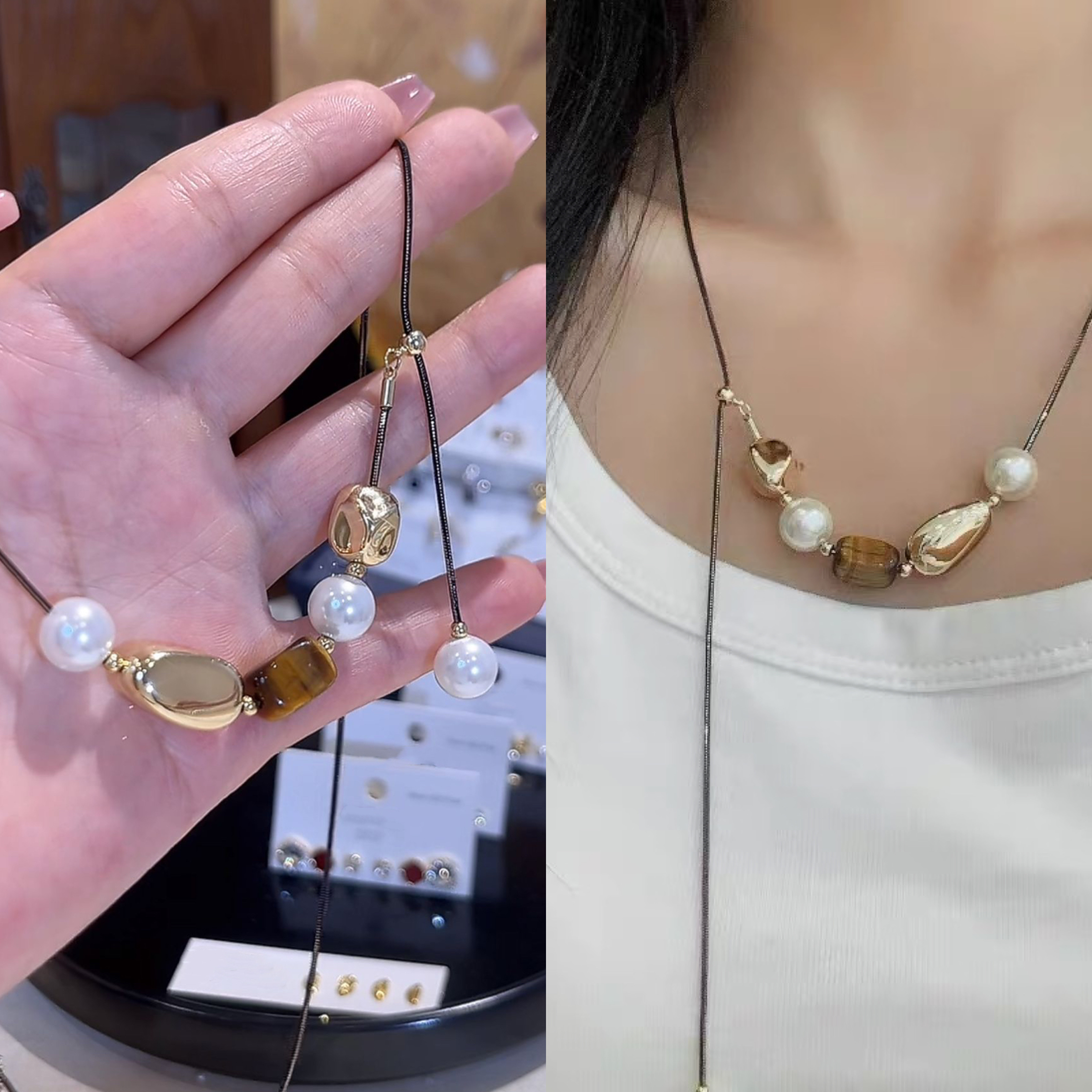 新款美拉德虎眼石珍珠流苏项链女款抽拉轻奢高级感长款毛衣链配饰