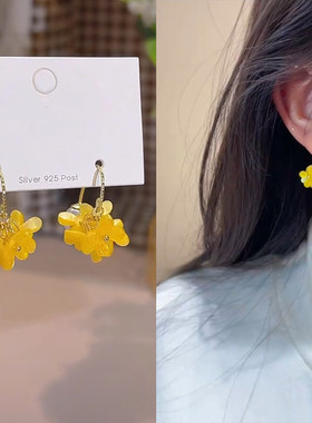 超仙桂花珍珠耳钩耳环女气质甜美黄色花朵耳坠法式轻奢高级感耳饰