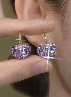 2024新款轻奢高级感紫色满钻提篮耳环精致百搭耳扣气质显脸瘦耳饰