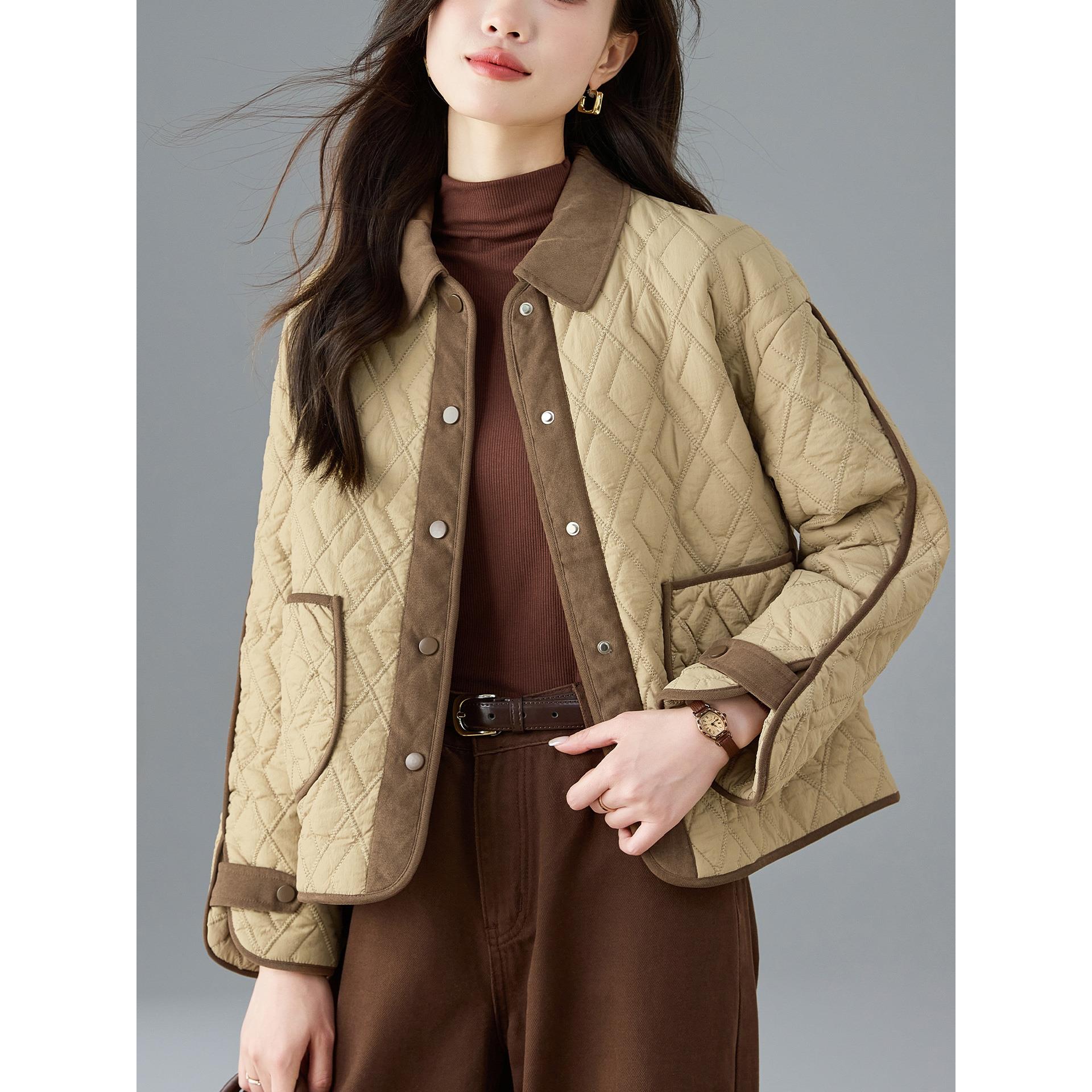 ROUMIKL覆古时尚撞色翻领休闲衣短外套女秋冬轻薄保暖妈妈宽松服