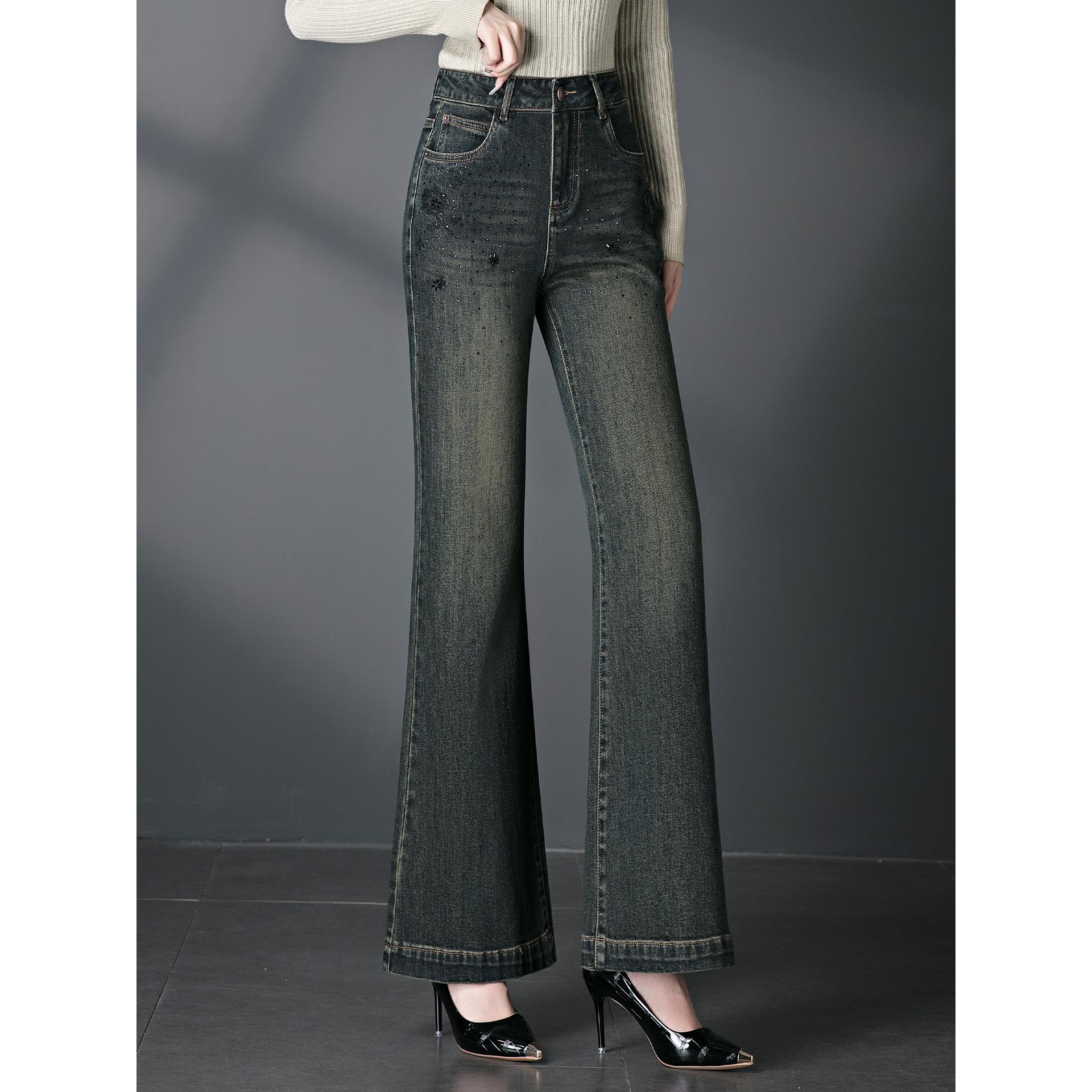 ROUMIKL时尚高端烫钻牛仔裤微喇裤女秋季高腰显瘦喇叭裤洋气妈妈