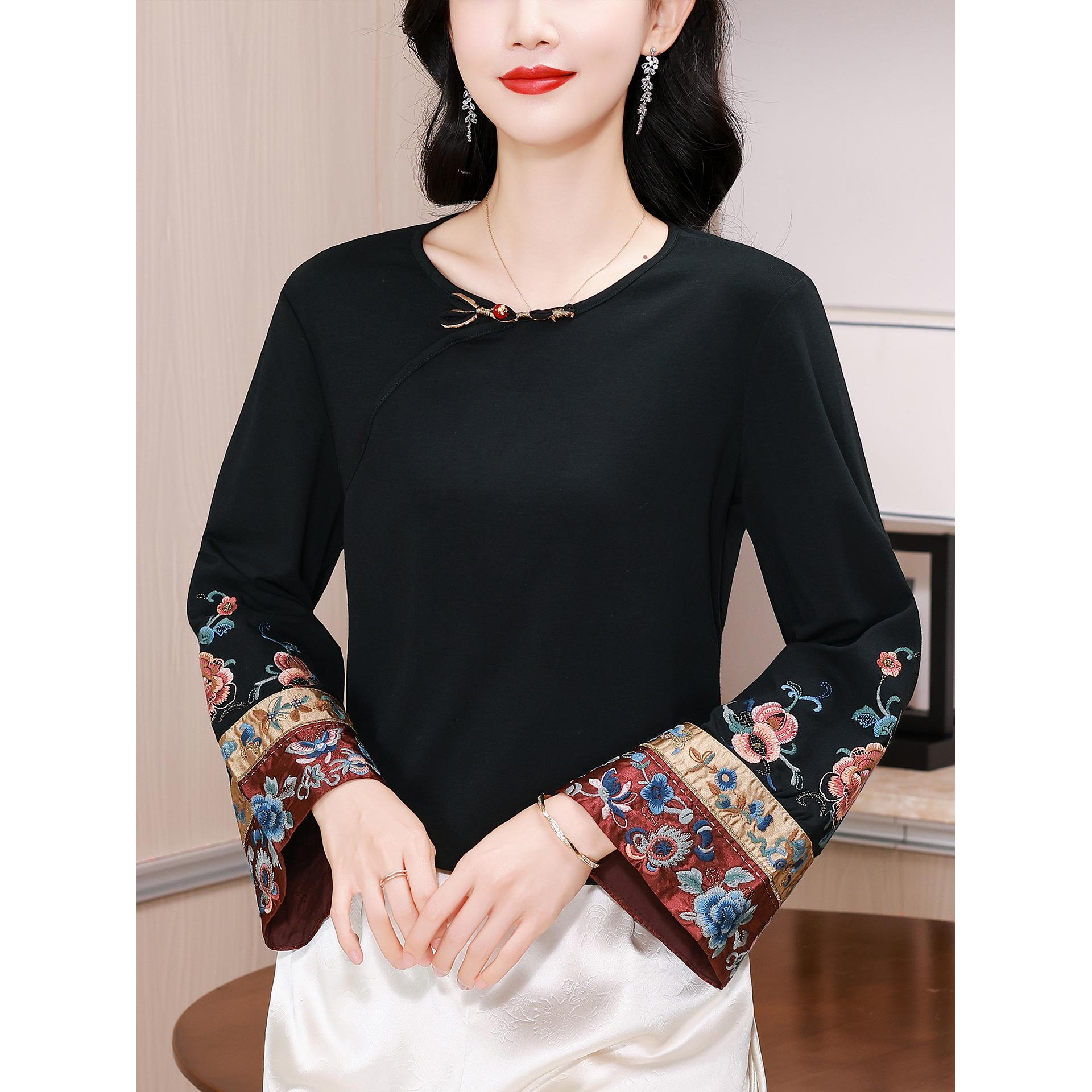 ROUMIKL民族风绣花圆领长袖T恤打底衫女士秋冬加绒保暖气质休闲妈