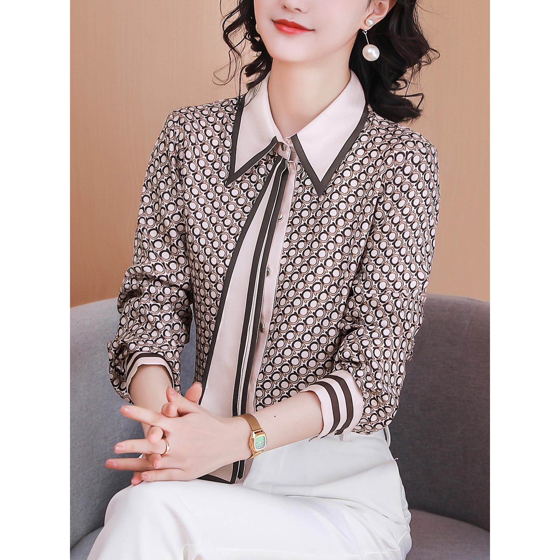 ROUMIKL设计感时尚印花长袖衬衫女秋装新款气质飘带小衫洋气妈妈