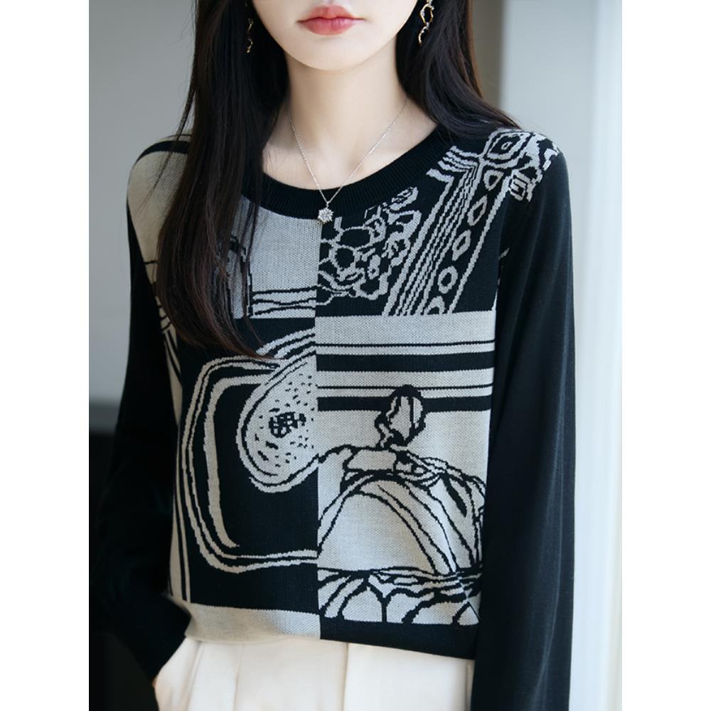 ROUMIKL法式覆古提花圆领毛衣女2025新款精纺细毛衫宽松显瘦打底