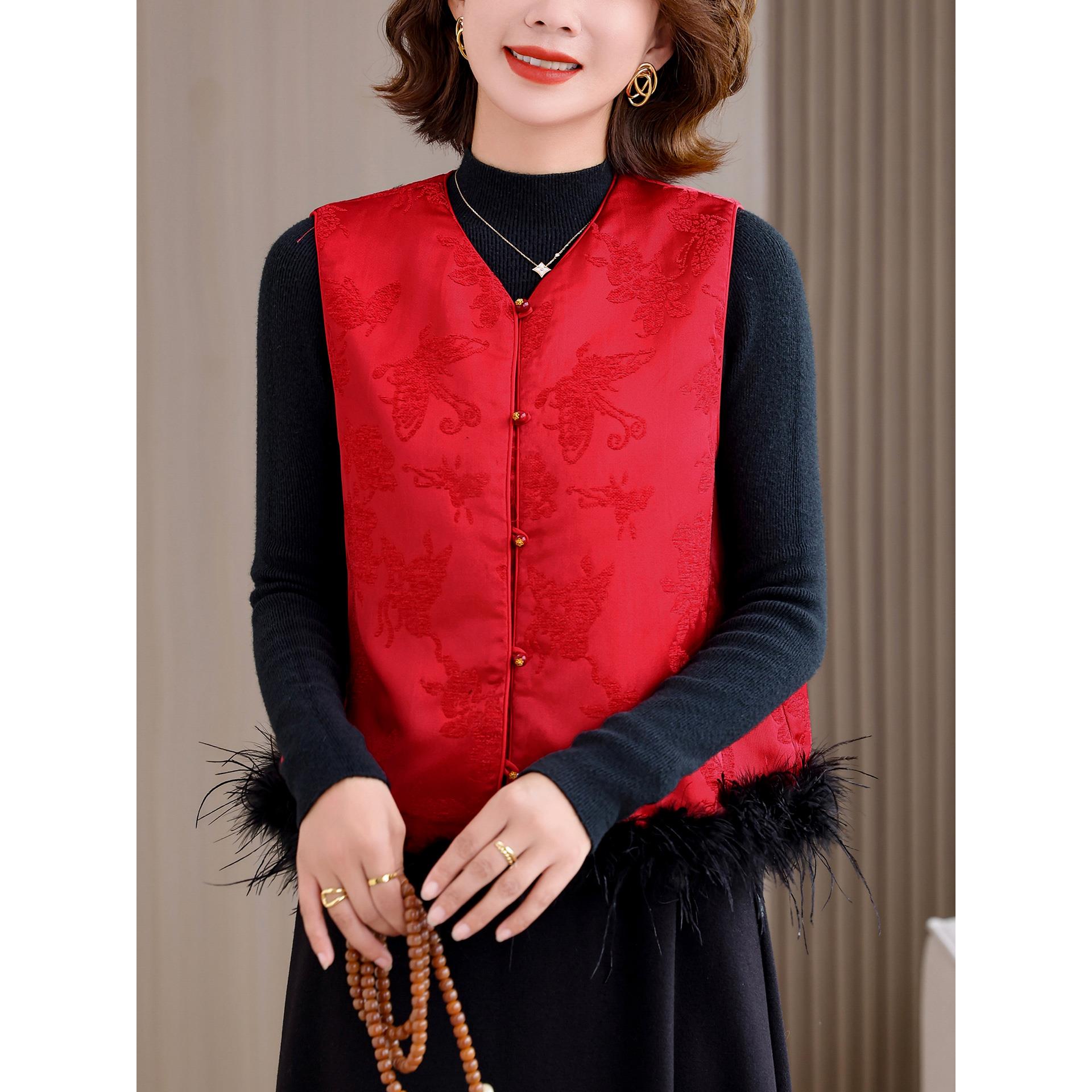 ROUMIKL红色提花夹马甲背心女士秋冬加厚保暖坎肩马夹无袖洋气毛