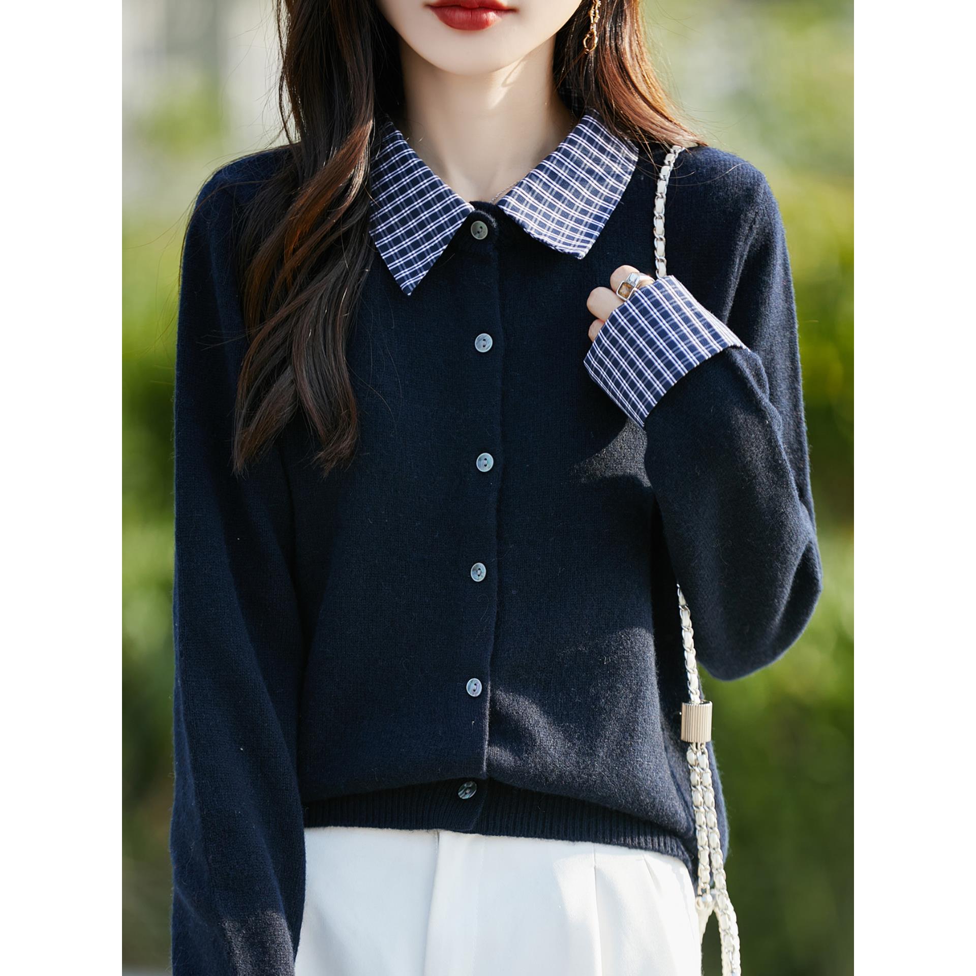 ROUMIKL格纹假两件纯针织开衫女25秋冬新款软糯拼接外套上衣衬衫