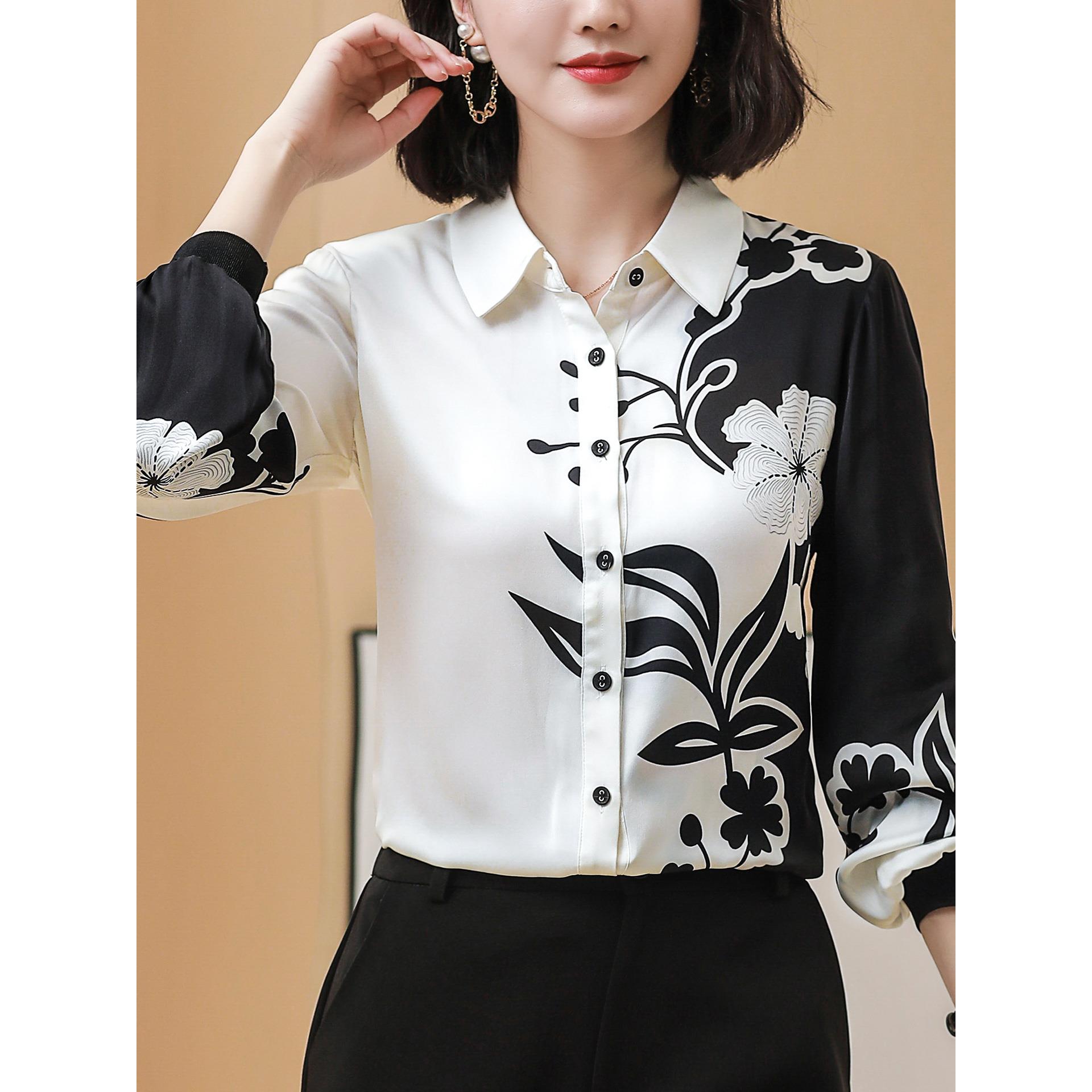 ROUMIKL高级感水墨印花长袖雪纺衬衫女秋装新款时尚气质衬衣减龄