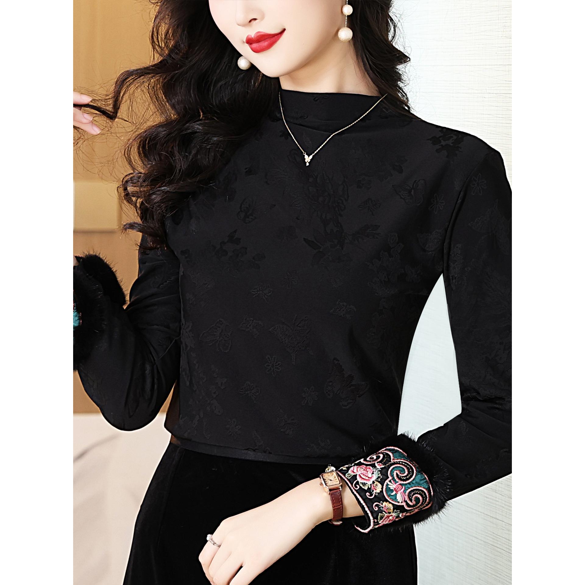 ROUMIKL民族风刺绣提花半高领长袖T恤打底衫女秋冬内搭外穿洋气妈