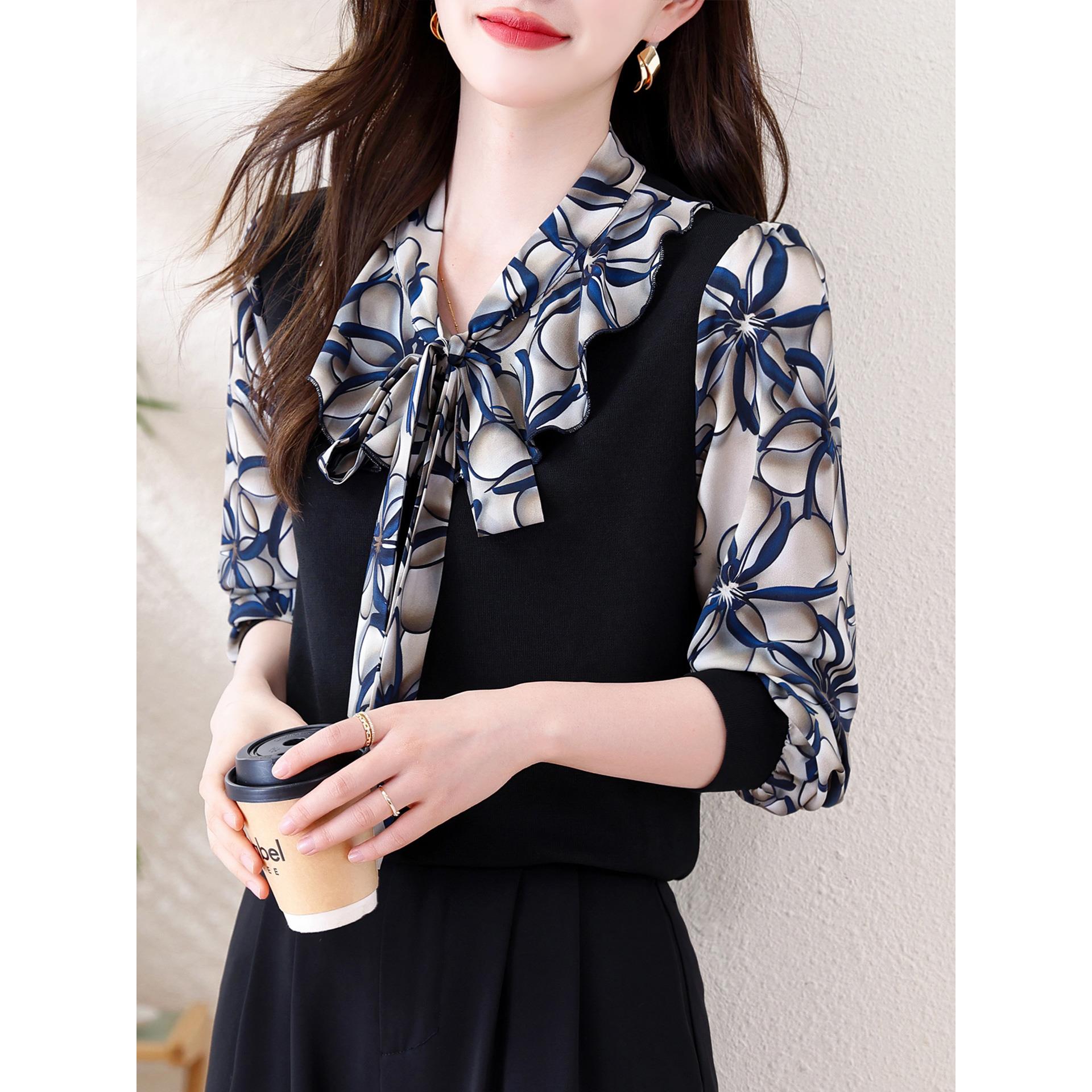 ROUMIKL时尚蝴蝶结印花假两件长袖衬衫女秋冬百搭显瘦打底衫减龄