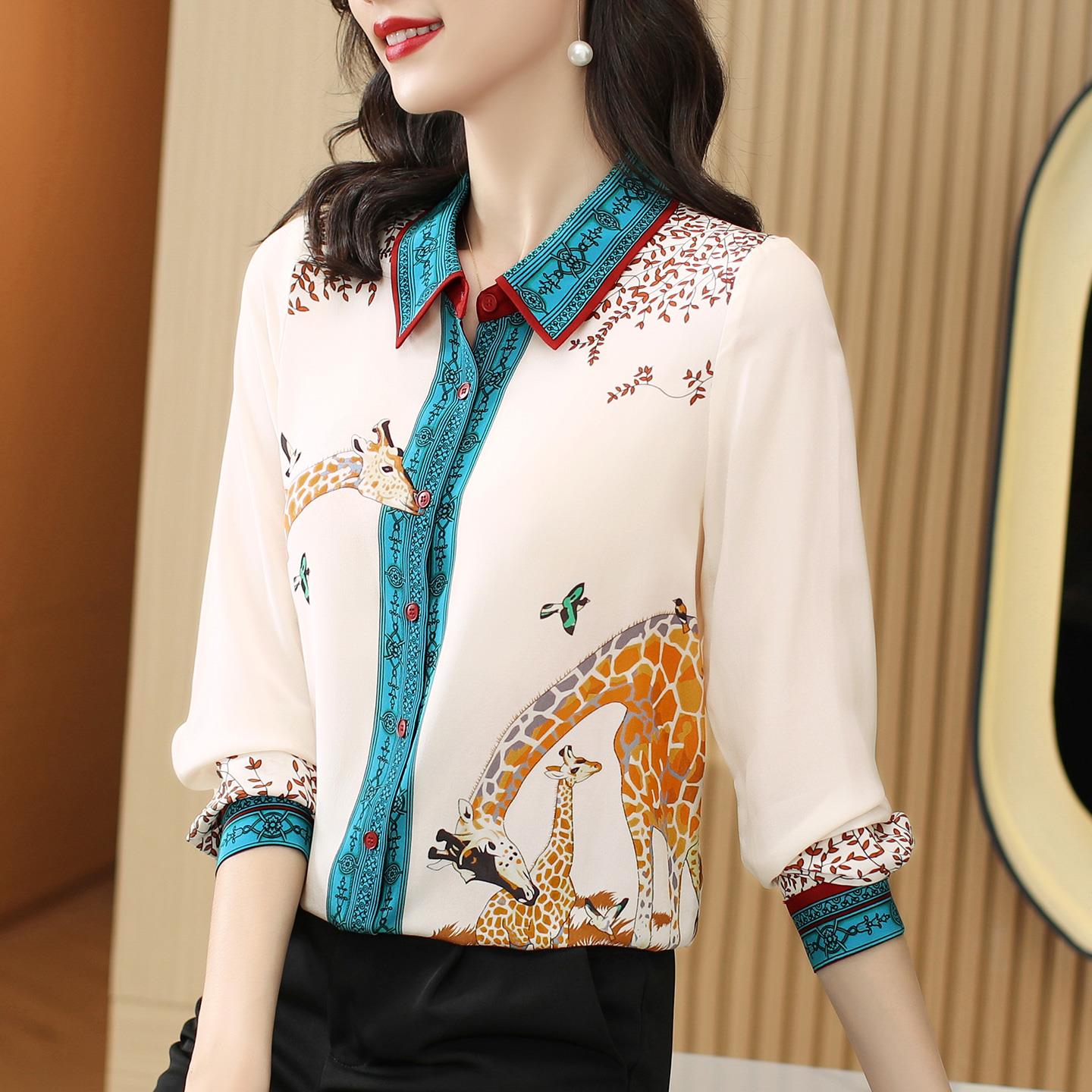 ROUMIKL设计感时尚印花长袖雪纺衬衫女秋装新款高端气质衬衣洋气