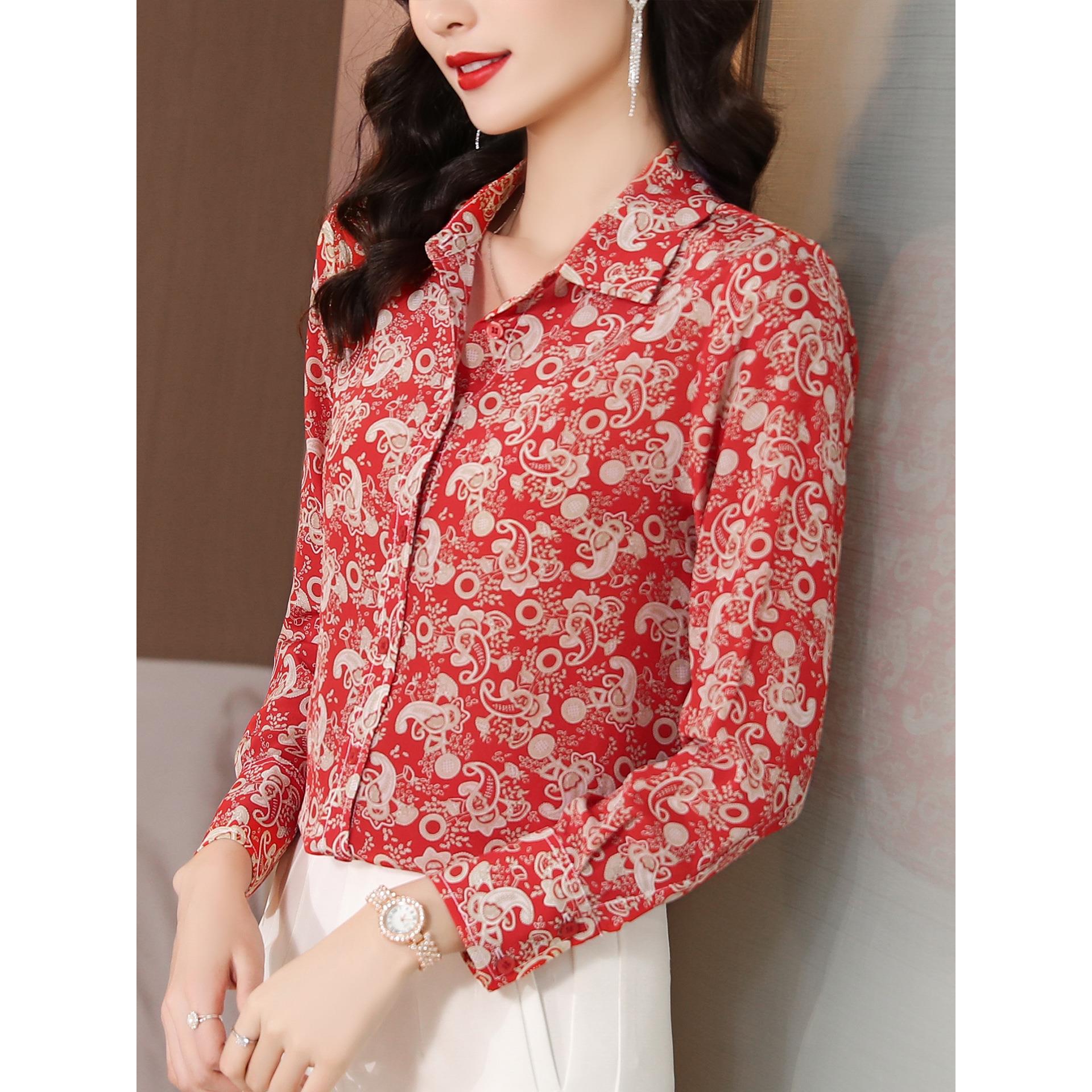 ROUMIKL红色碎花长袖雪纺衬衫女士秋装新款气质休闲衬衣时髦洋气
