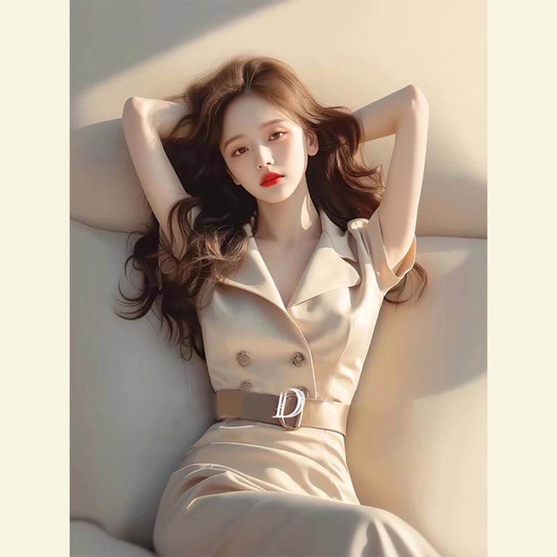 RIERA今年流行漂亮职场轻熟风收腰长裙高级感显瘦气质杏色连衣裙