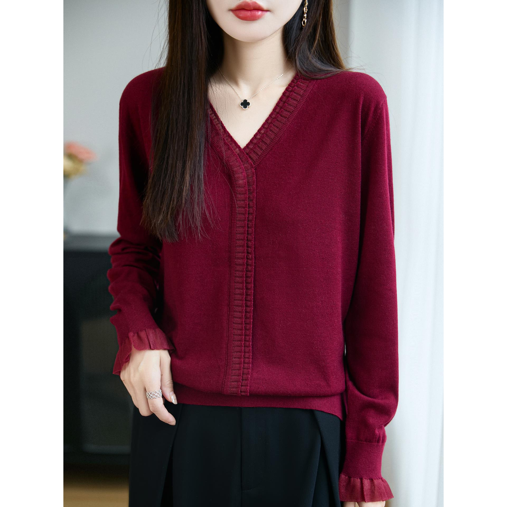 ROUMIKL法式V领木耳边针织衫女miu系毛衣25秋冬内搭打底假开衫上