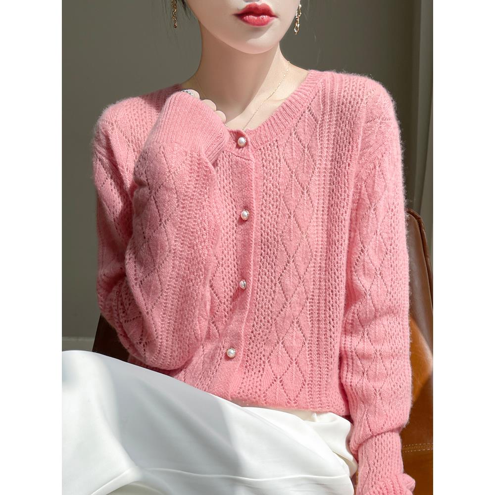 ROUMIKL秋冬新款100%纯针织开衫女圆领宽松镂空长袖毛衣薄款软糯