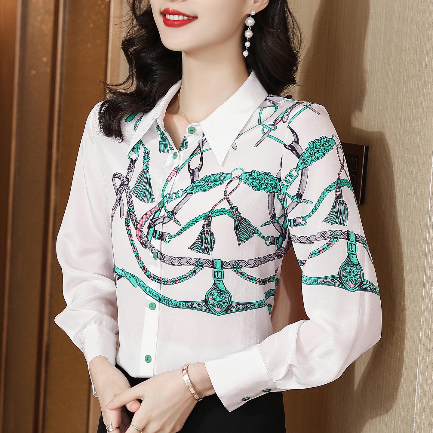 ROUMIKL时尚印花长袖雪纺衬衫女士秋装新款百搭通勤气质衬衣高端