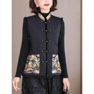 ROUMIKL中式国风刺绣服马甲背心女士冬装气质盘扣立领坎肩马夹外