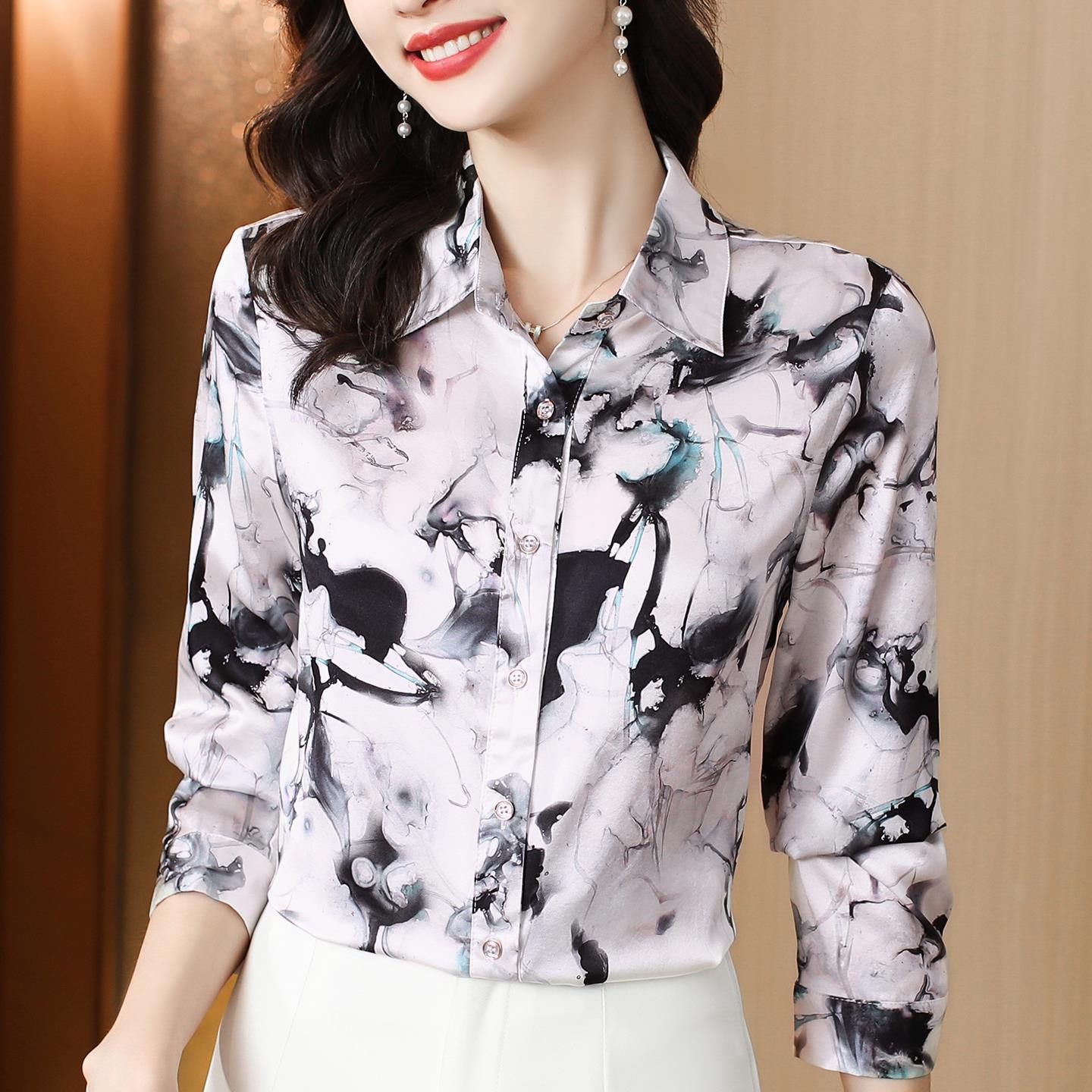 ROUMIKL高级感时尚印花长袖衬衫女秋装气质休闲衬衣百搭减龄洋气