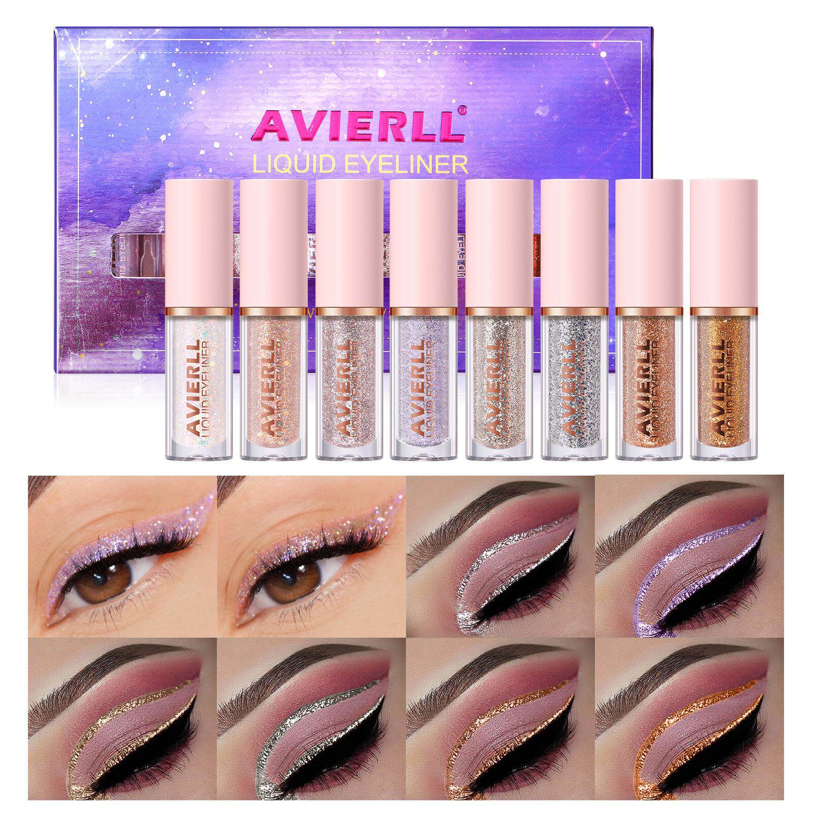 跨境 AVIERLL闪亮液体眼线套盒闪耀炫彩眼影液珠光提亮英文款