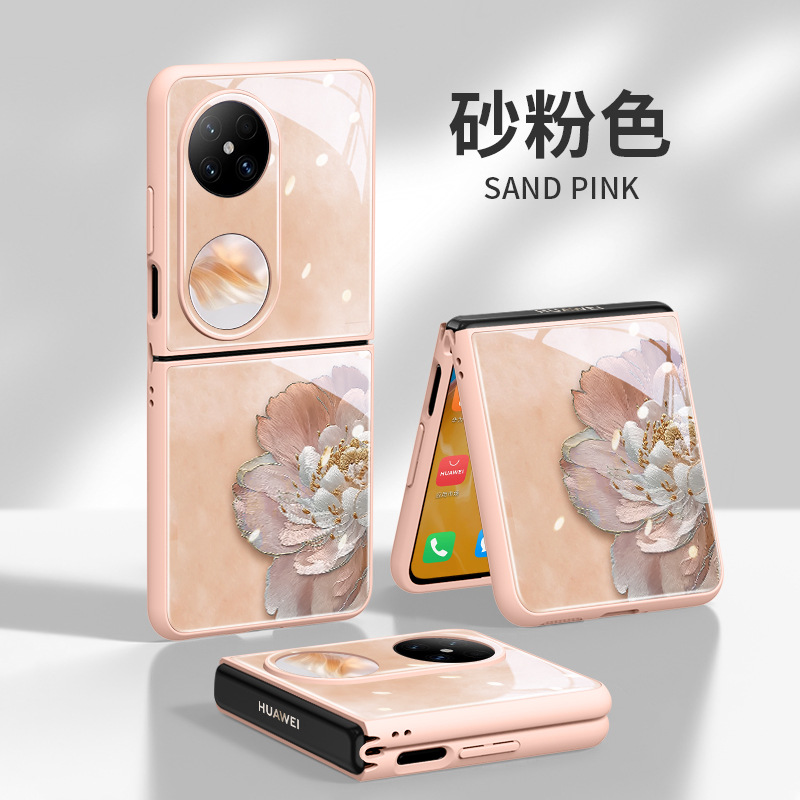适用小米mixFlip1小折叠屏手机壳华为pocket2/s保护壳novaFlip彩绘牡丹玻璃硬壳P50Pocket带挂绳孔Noveflip女