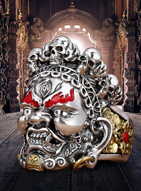 国潮民族黄财神银饰黑财神男士霸气戒指泰银大黑天复古开口