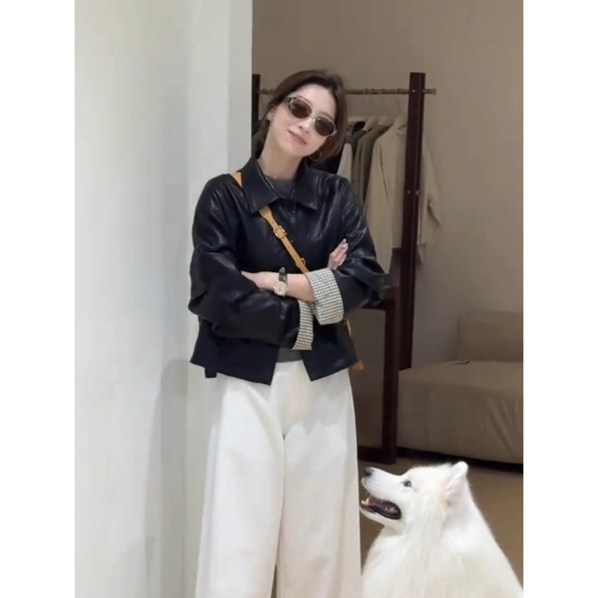 日系cherrykoko美式复古翻领皮衣外套女短款秋季新款宽松显瘦pu