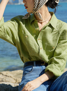 英国topwhit美丽的皇帝 14支全亚麻绿色长袖盐系衬衫女早春休闲