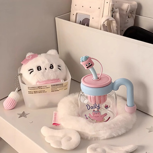 可爱卡通玻璃杯带吸管女生高颜值耐高温茶水分离泡果茶杯