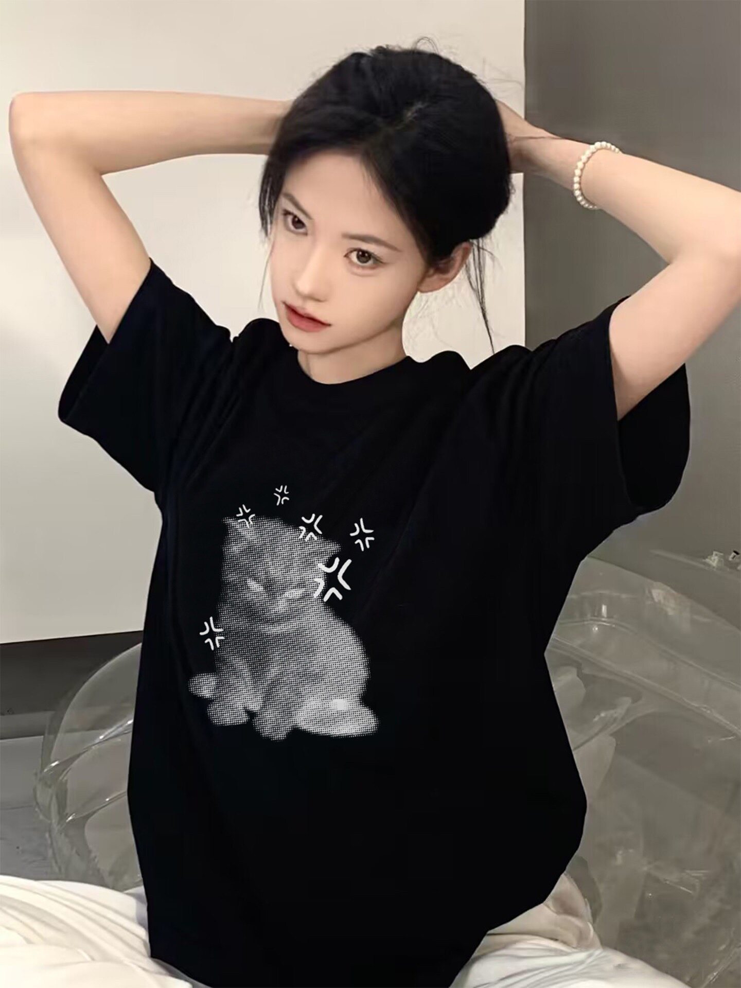 美式复古猫咪印花纯棉短袖T恤男夏季高街圆领oversize情侣上衣t恤